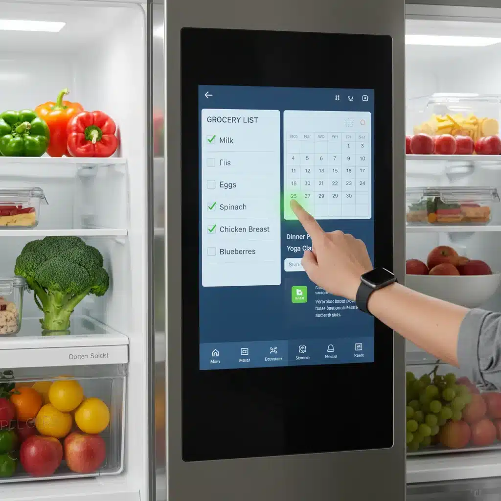 Hand interacting with smart refrigerator touchscreen grocery list
