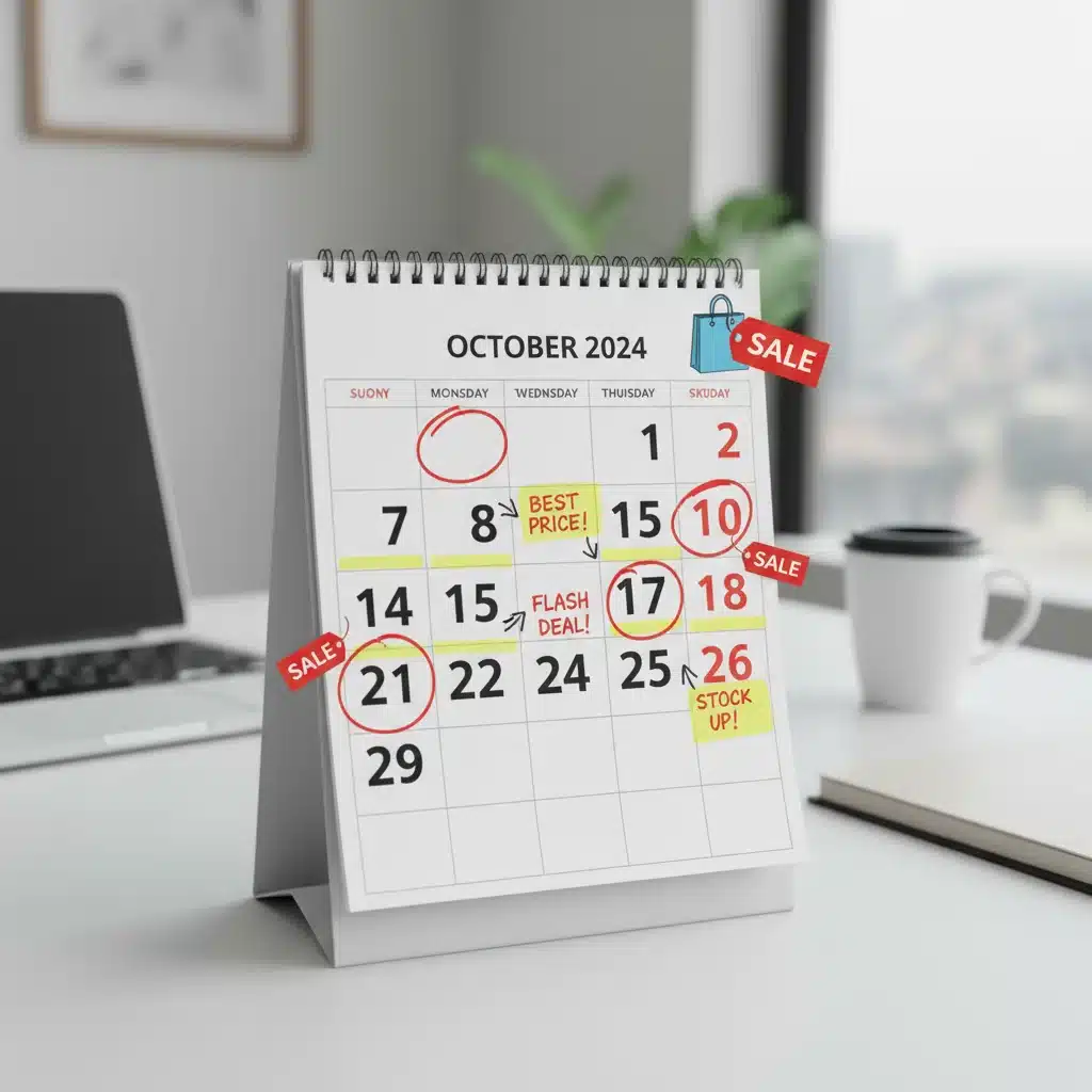 Calendar highlighting best times to buy with sale icons for strategic shopping