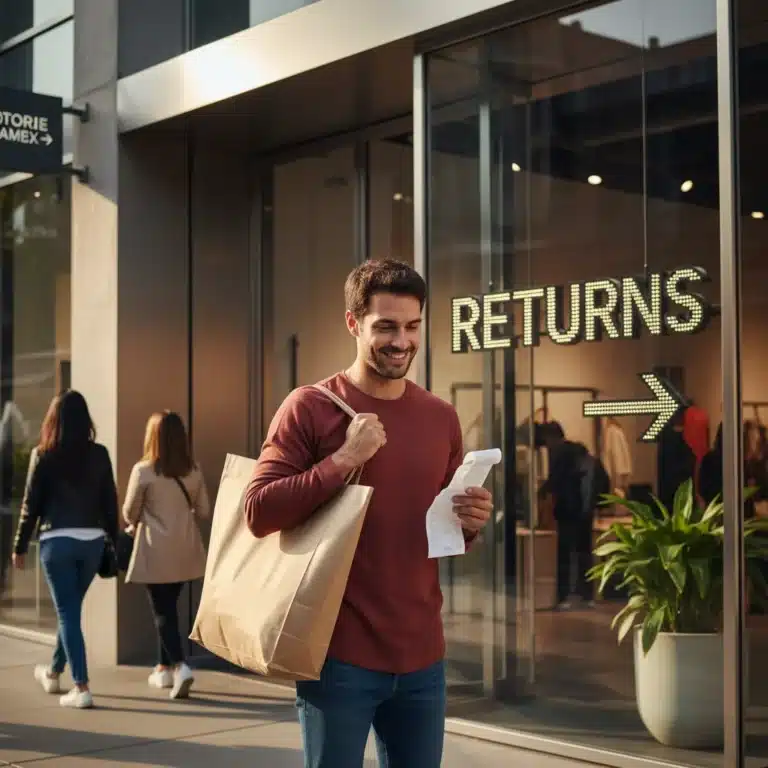 Relieved shopper with receipt after successful return at a US retailer
