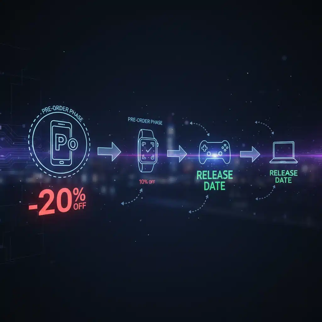 Timeline illustrating tech product pre-order and release phases with discount symbol