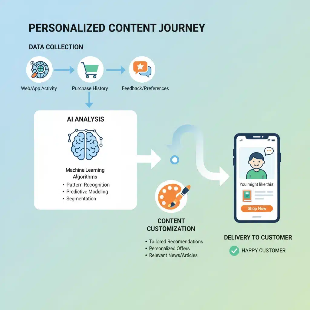Data flow for AI personalization, from collection to personalized customer experience.