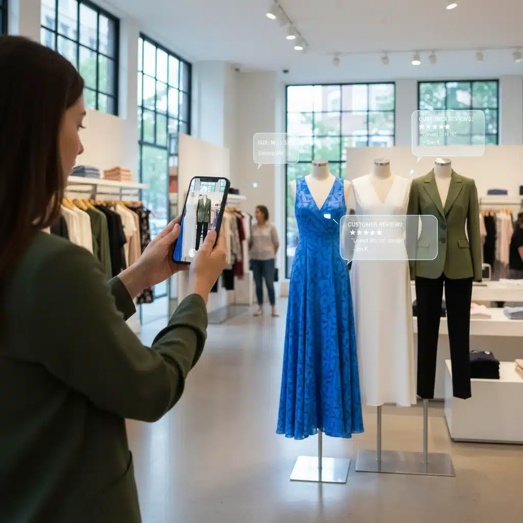 Customer using AR app on smartphone to see virtual clothing on a mannequin in a modern retail store.