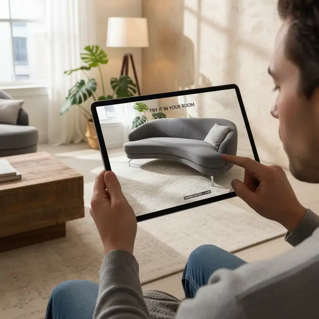 Person in living room using AR on tablet to virtually place a modern sofa, visualizing furniture in their home.