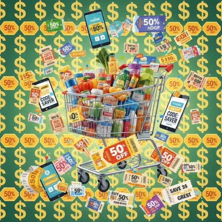 A dynamic image representing coupon stacking with physical and digital coupons, a shopping cart, and money symbols.