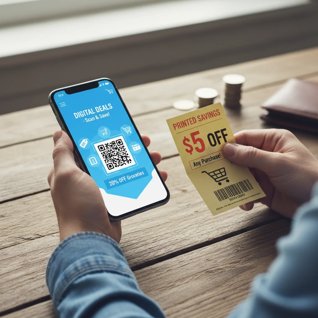 Hands holding a smartphone with a digital coupon and a physical coupon, demonstrating coupon stacking.