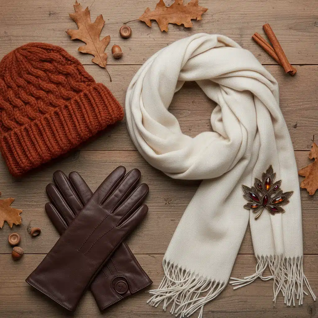 Flat lay of fall fashion accessories: cashmere scarf, knit beanie, leather gloves, brooch