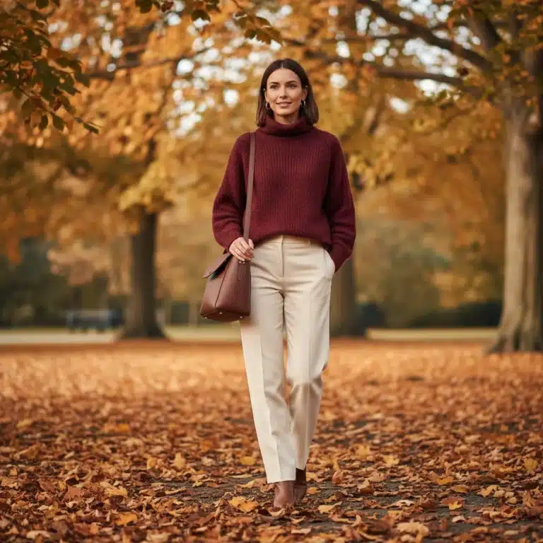 Woman in oversized burgundy knit sweater and wide-leg trousers walking in autumn park