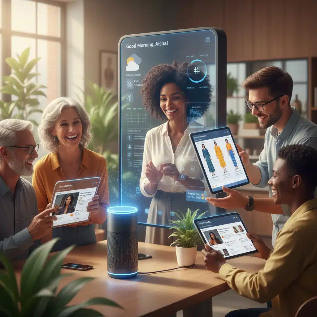 Diverse consumers engaging with hyper-personalized AI experiences across different devices.