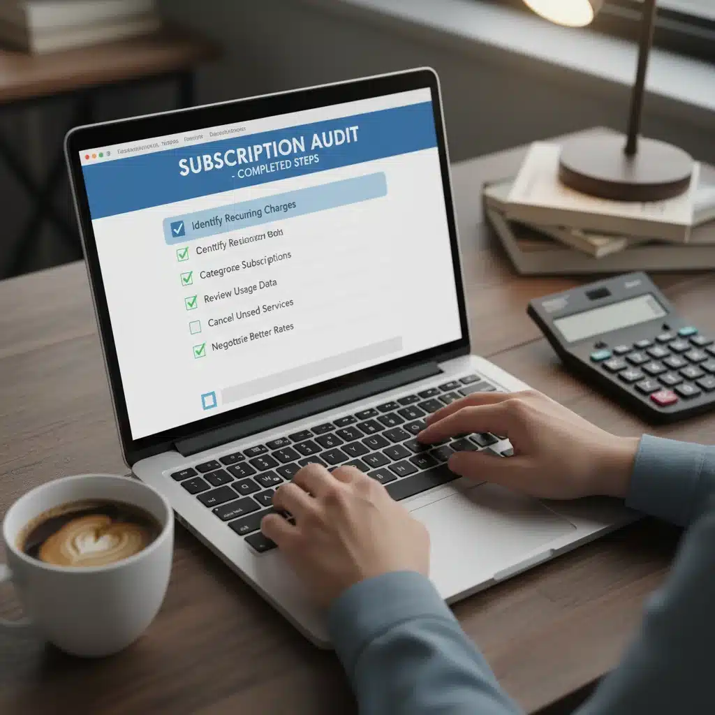 Person managing subscriptions on laptop with financial software