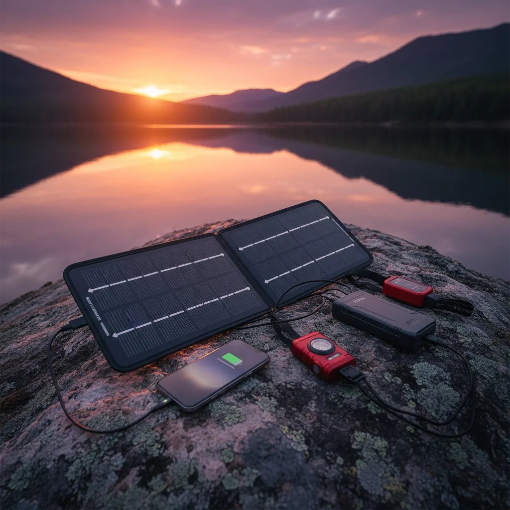 Portable solar panel efficiently charging multiple devices in a scenic outdoor setting at sunset.