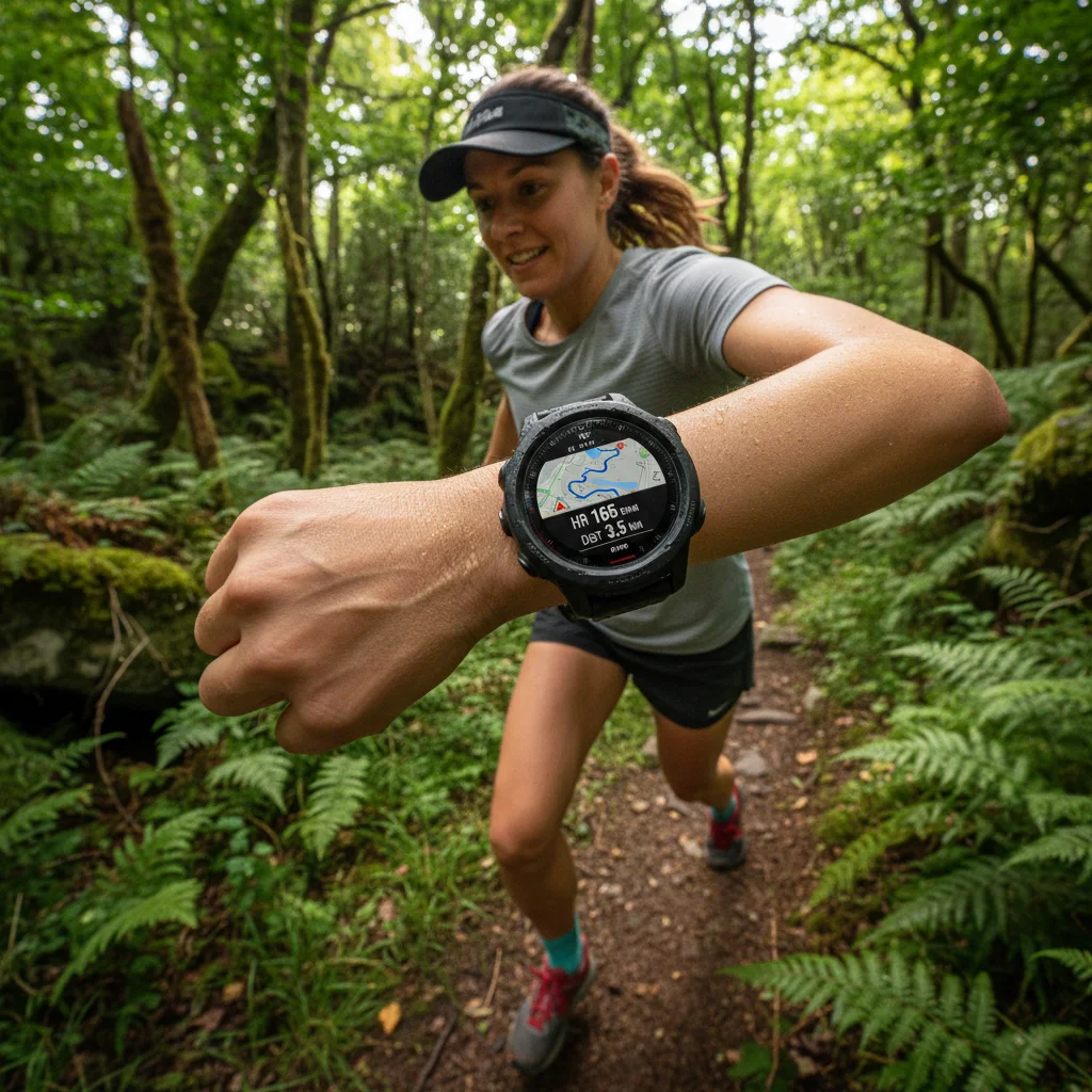 Person trail running in a forest, using a smart outdoor watch for navigation and fitness tracking.