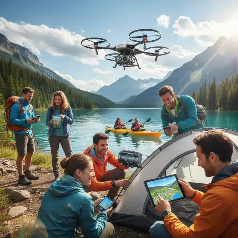 Group of friends using various outdoor tech gadgets during a sunny summer adventure, showcasing innovation and fun.