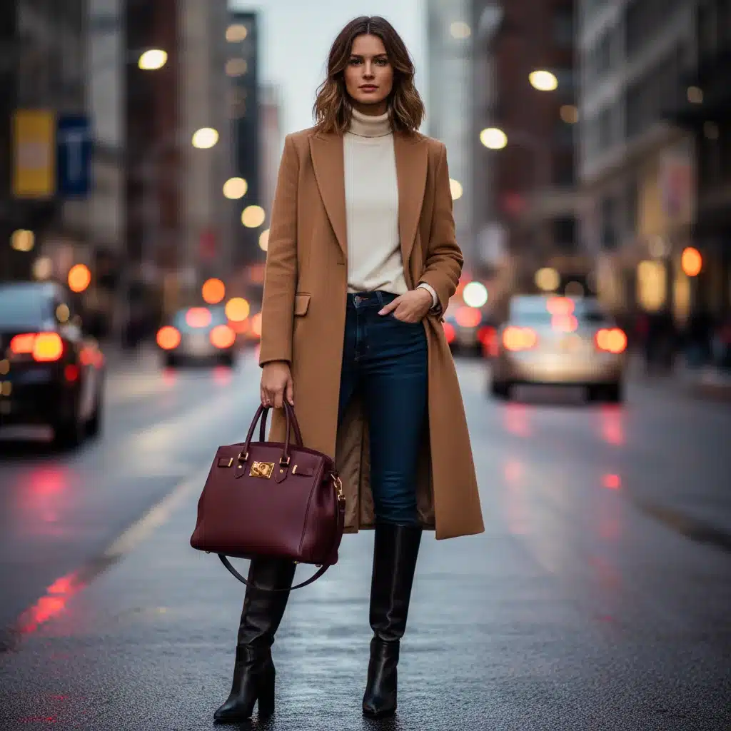 Model wearing tailored camel wool coat, turtleneck, dark denim, and knee-high boots in urban setting